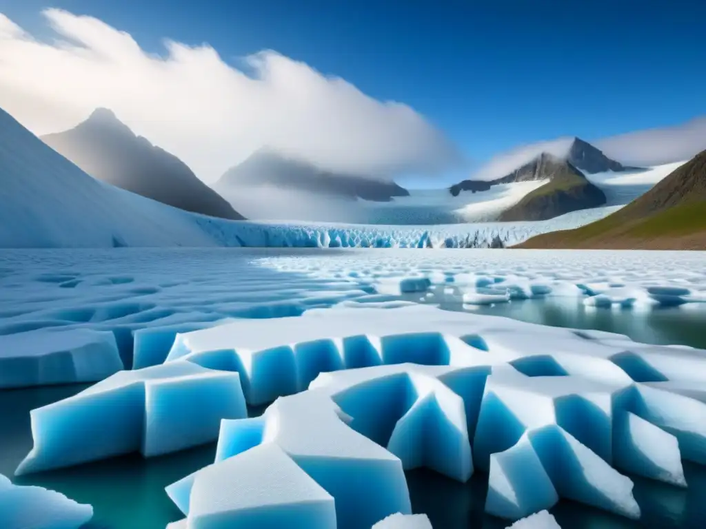 Un impresionante glaciar bajo un cielo azul, resaltando detalles de hielo con una figura solitaria, transmitiendo impacto cambio climático glaciares