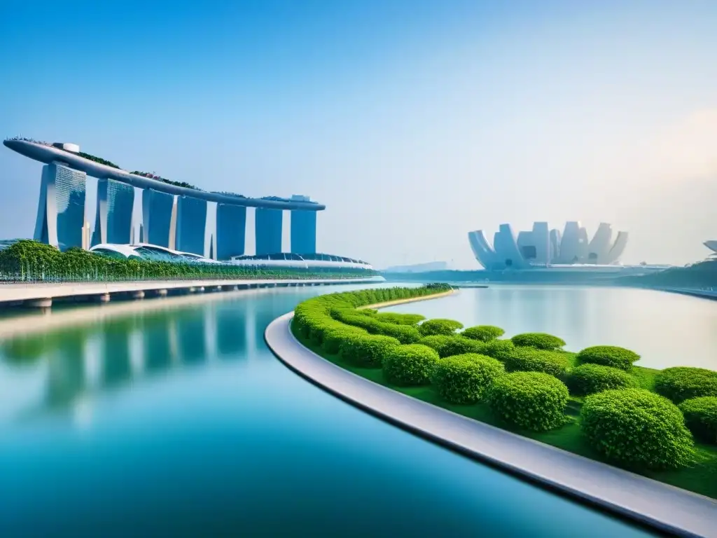 Impresionante Marina Barrage en Singapur, con skyline urbano al fondo y reflejos de luz en el agua