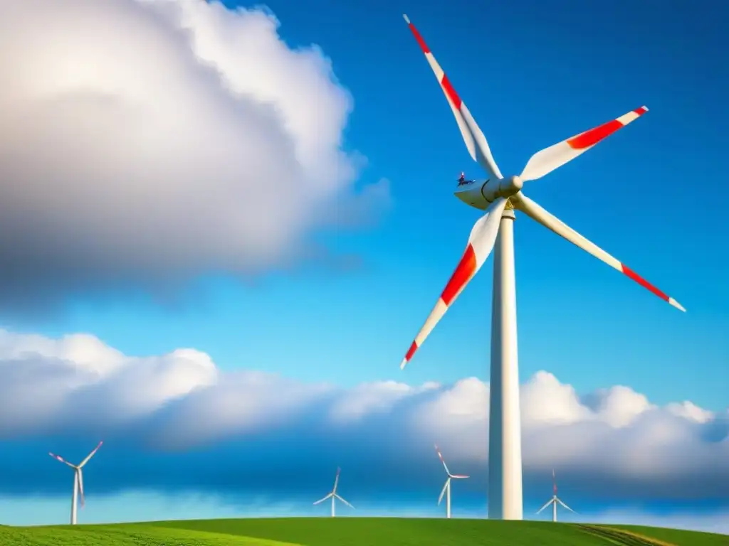 Impresionante molino de viento moderno en paisaje verde y cielo azul