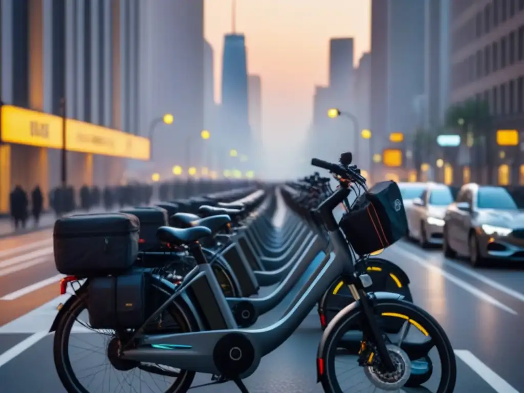 Impresionante paisaje urbano al amanecer con bicicletas eléctricas, destacando la armonía entre sostenibilidad y vida urbana