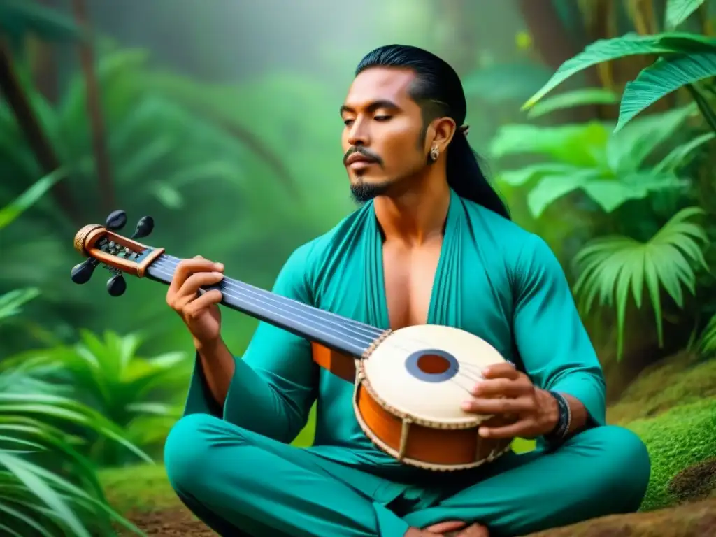 Armonía entre música indígena y naturaleza: ilustración detallada de músico tradicional Músico indígena tocando instrumento rodeado de naturaleza exuberante, ilustrando la armonía entre música, tradición y ambiente