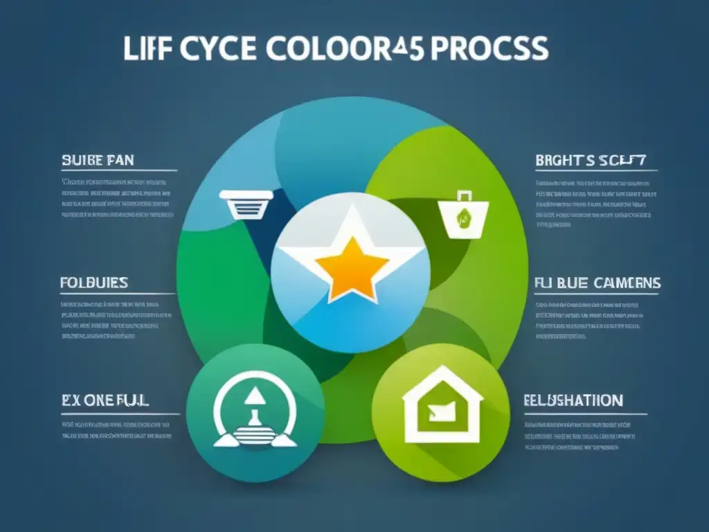 Un infográfico minimalista muestra el ciclo de vida de productos con íconos detallados en tonos azules y verdes