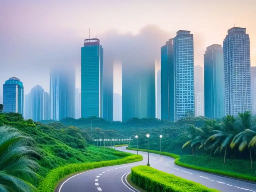 Infraestructura verde en ciudades: skyline iluminado con luces LED ecofriendly, rodeado de parques y ciclovías, en armonía con la naturaleza