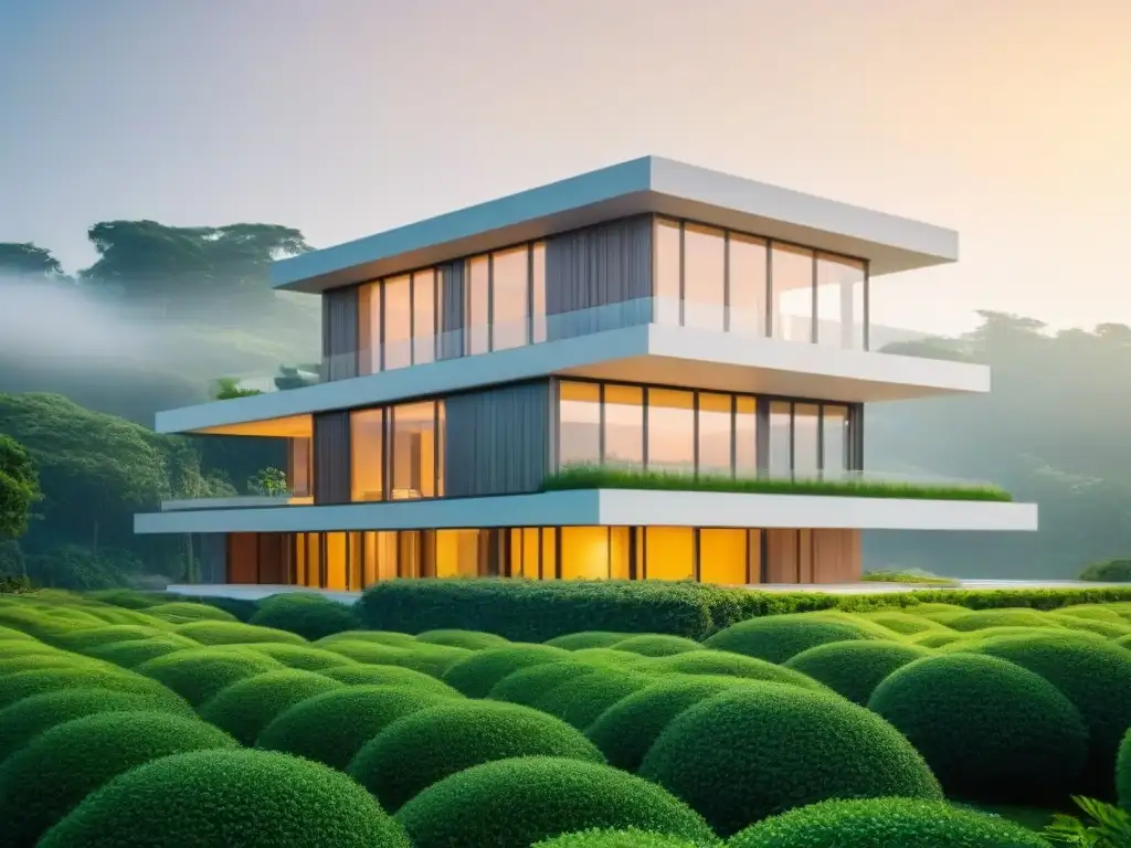 Innovaciones en arquitectura verde sostenible: complejo futurista ecoamigable integrado con vegetación exuberante