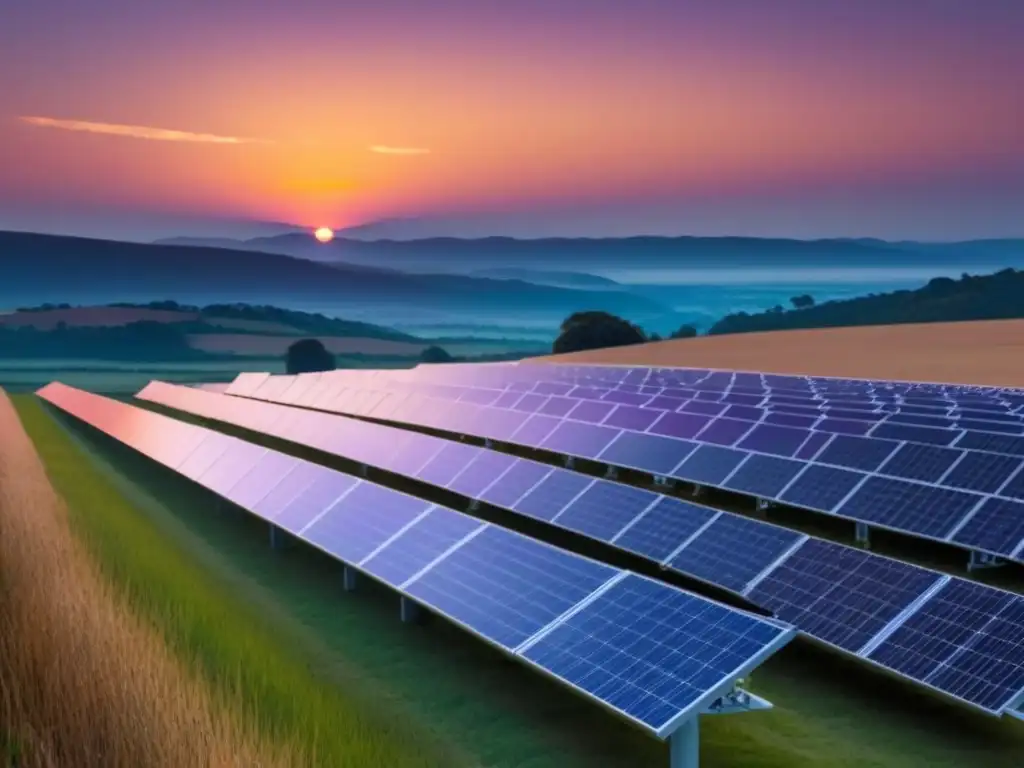 Innovaciones energía solar sostenible: Paneles solares modernos en atardecer vibrante