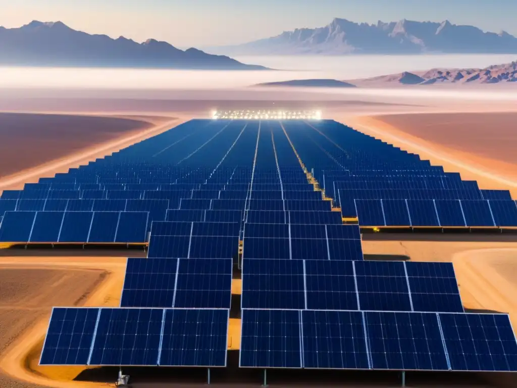 Innovaciones energías renovables futuro: Panel solar futurista en desierto, ingenieros realizan mantenimiento