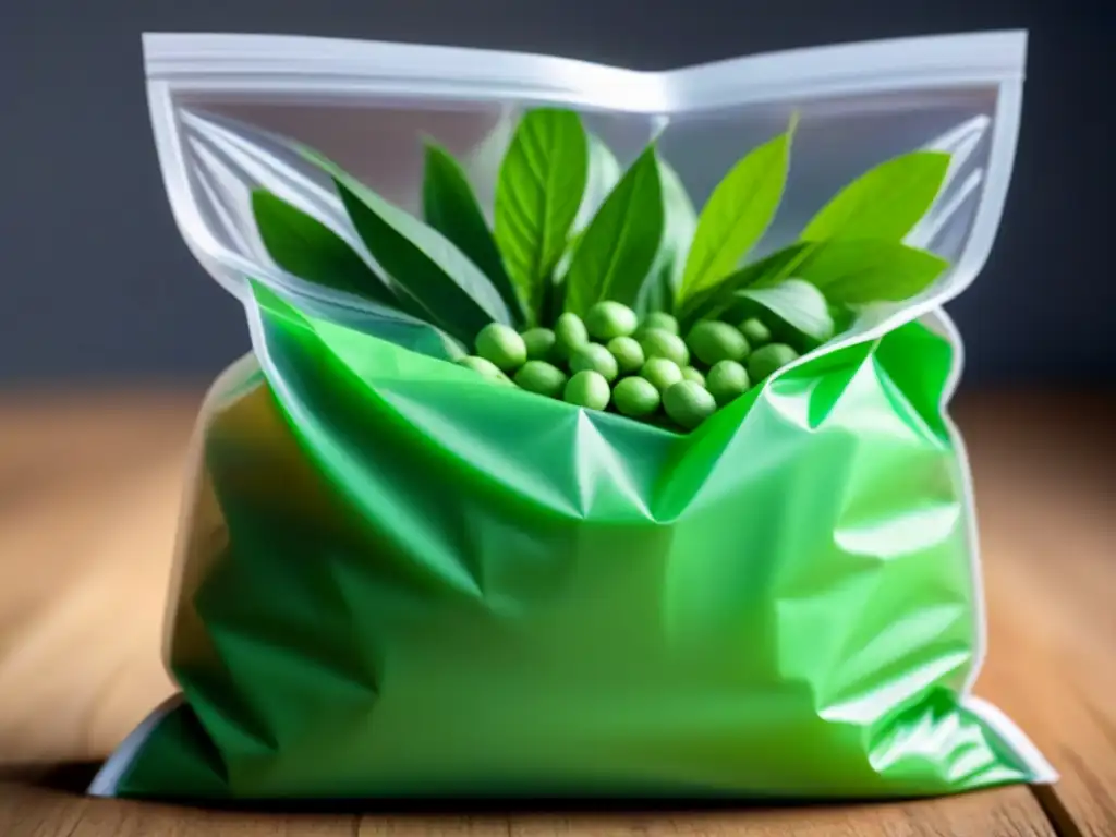 Innovaciones materiales biodegradables 2023: Detalle de bolsa transparente con cacahuetes verdes