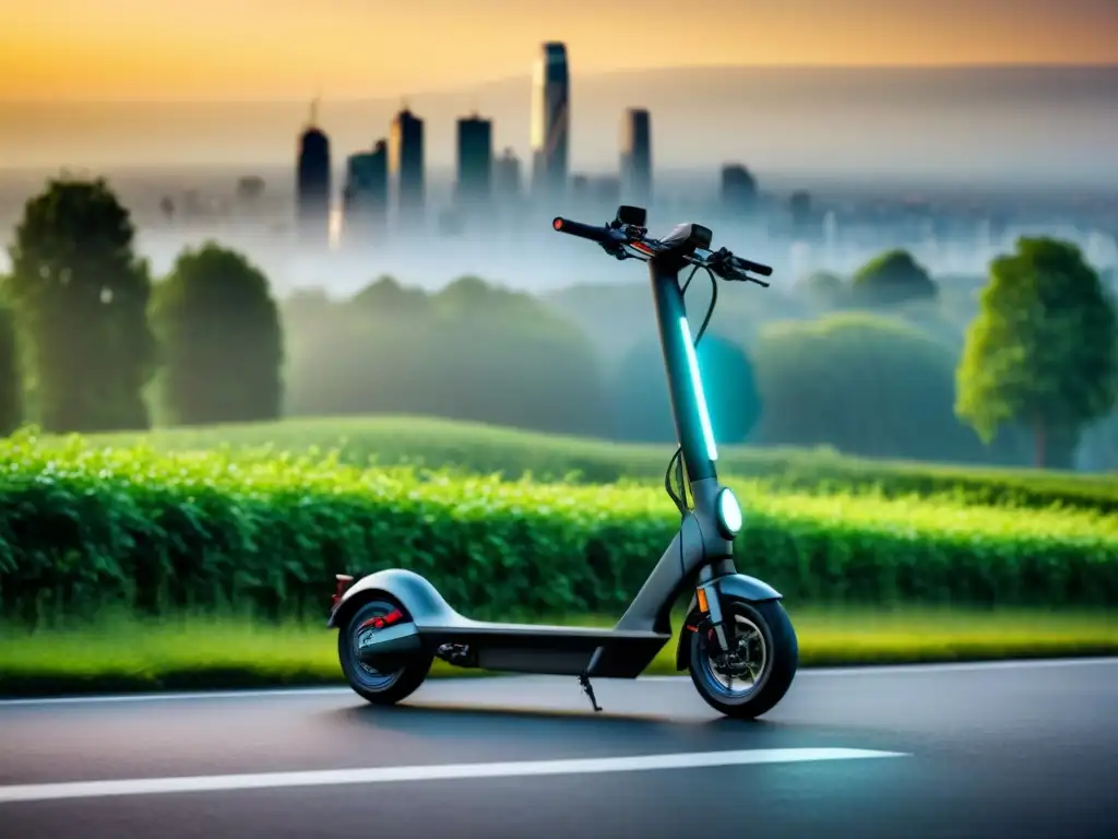 Innovaciones en movilidad sostenible: Scooter eléctrico en ciudad futurista rodeado de energía renovable