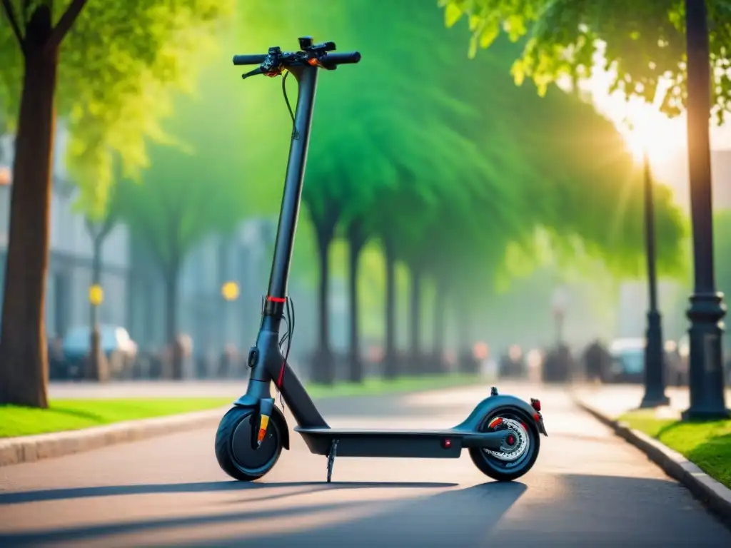 Innovaciones en movilidad sostenible: Scooter eléctrico en la ciudad, bajo árboles verdes, reflejando modernidad y sostenibilidad