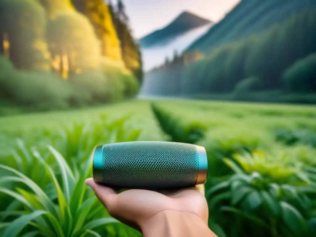 Un innovador gadget ecológico 2022 en armonía con la naturaleza, con diseño minimalista y patrones geométricos detallados