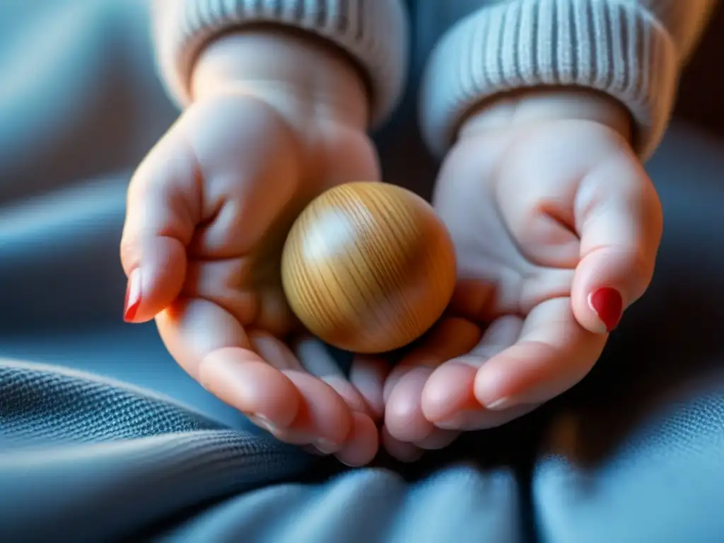 La inocencia de la infancia: mano de bebé agarrando un juguete de madera, resaltando la textura