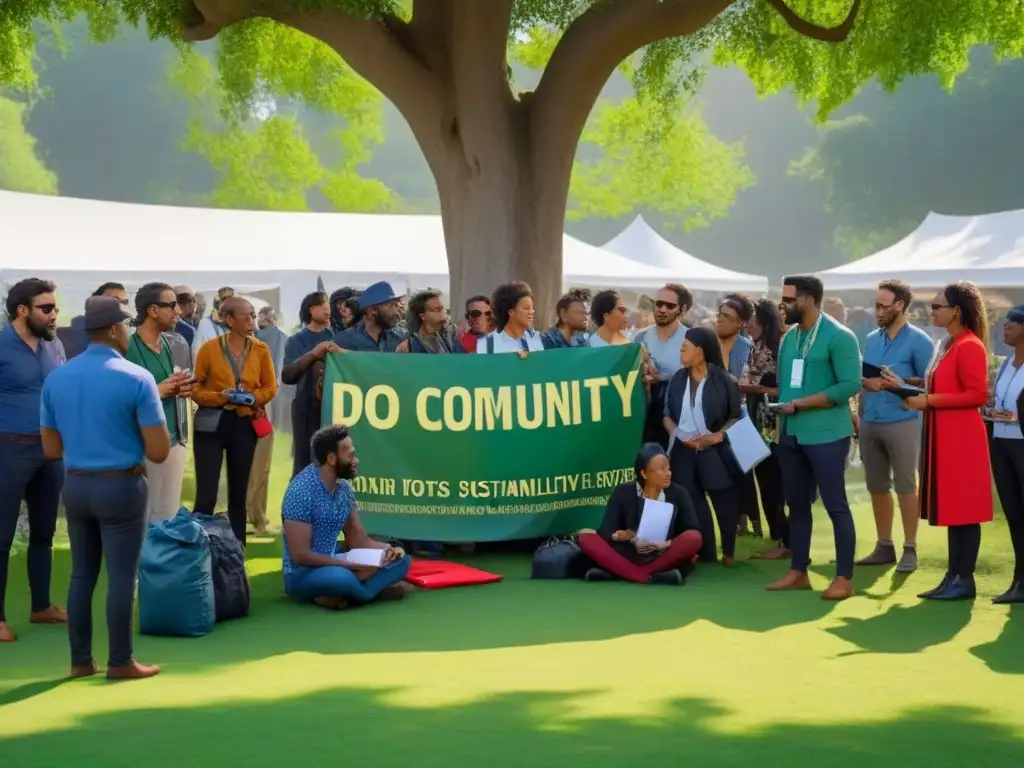 Inspirador encuentro de activistas en evento sostenible, conectando bajo un árbol en parque verde