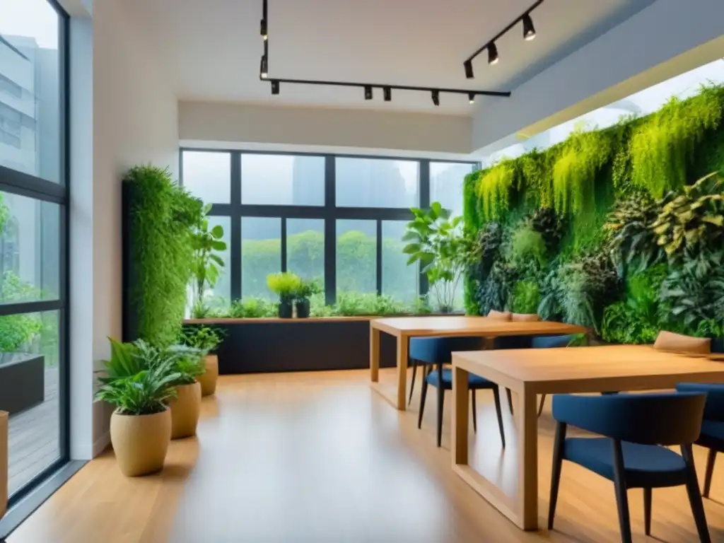 Un inspirador espacio coworking sostenible y ecológico con luz natural, vegetación y mobiliario de madera