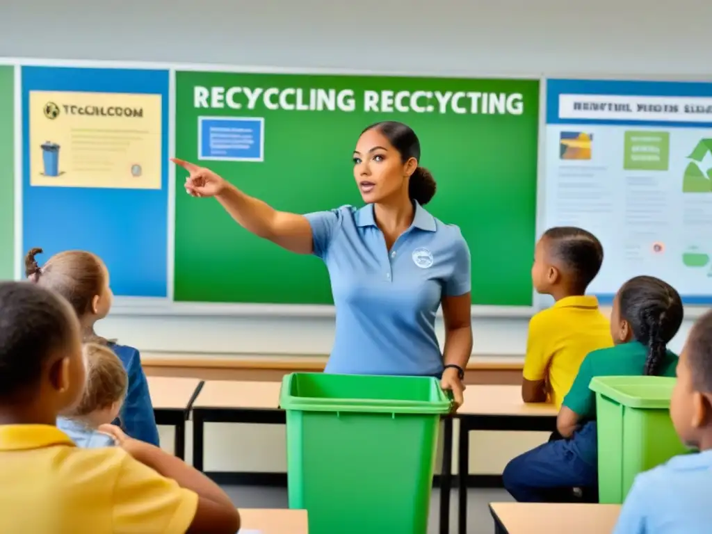 Inspiradora escena de educación en reciclaje en una escuela, con estudiantes atentos y entusiastas