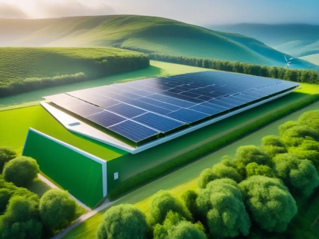 Instalación energética futurista en armonía con la naturaleza Una instalación de almacenamiento de energía sostenible en armonía con la naturaleza, tecnología avanzada y soluciones ecoamigables