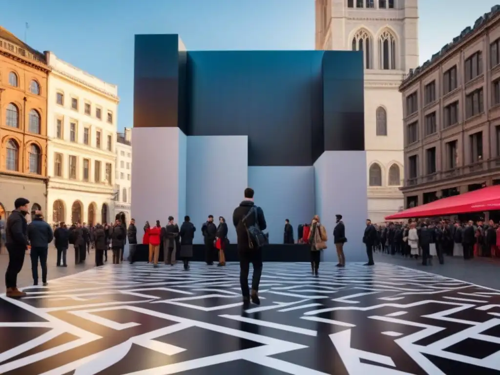 Una instalación de arte público participativo en una concurrida plaza de la ciudad, simbolizando la conciencia colectiva