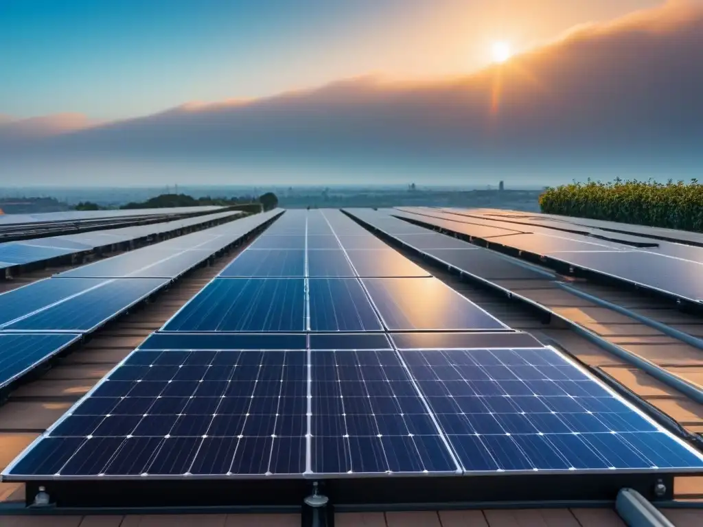 Una instalación futurista de paneles solares en un tejado moderno, con diseño vanguardista y acabado negro brillante