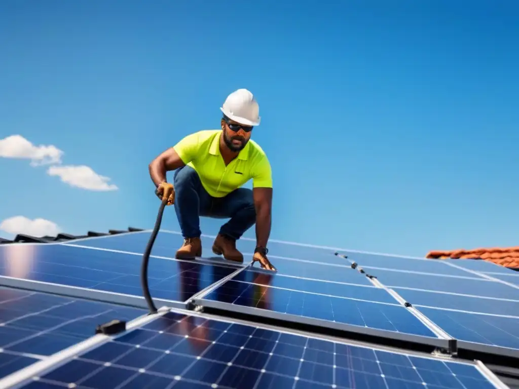 Instalación de paneles solares: persona instalando panel bajo el sol, en un proceso detallado y amigable para principiantes