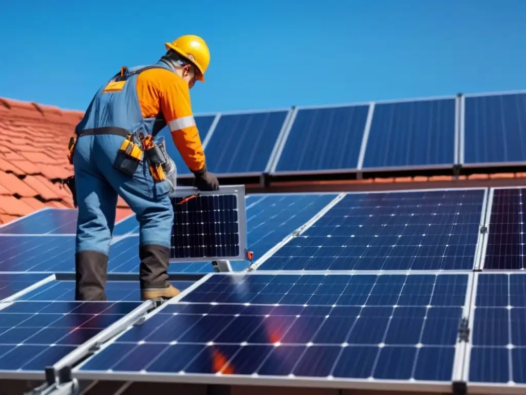 Instalación de paneles solares para principiantes: Instalador en escalera, precisión y sol brillante