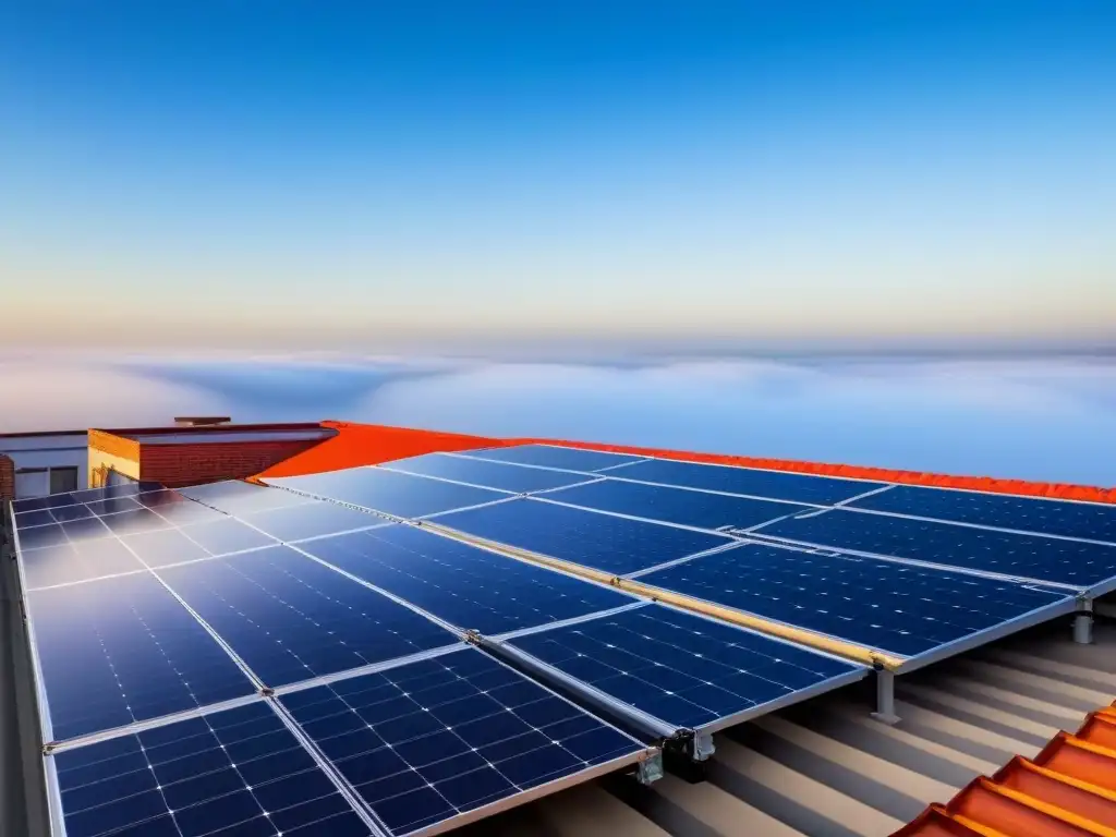 Instalación de paneles solares simétrica y moderna en un tejado residencial, reflejando la luz solar