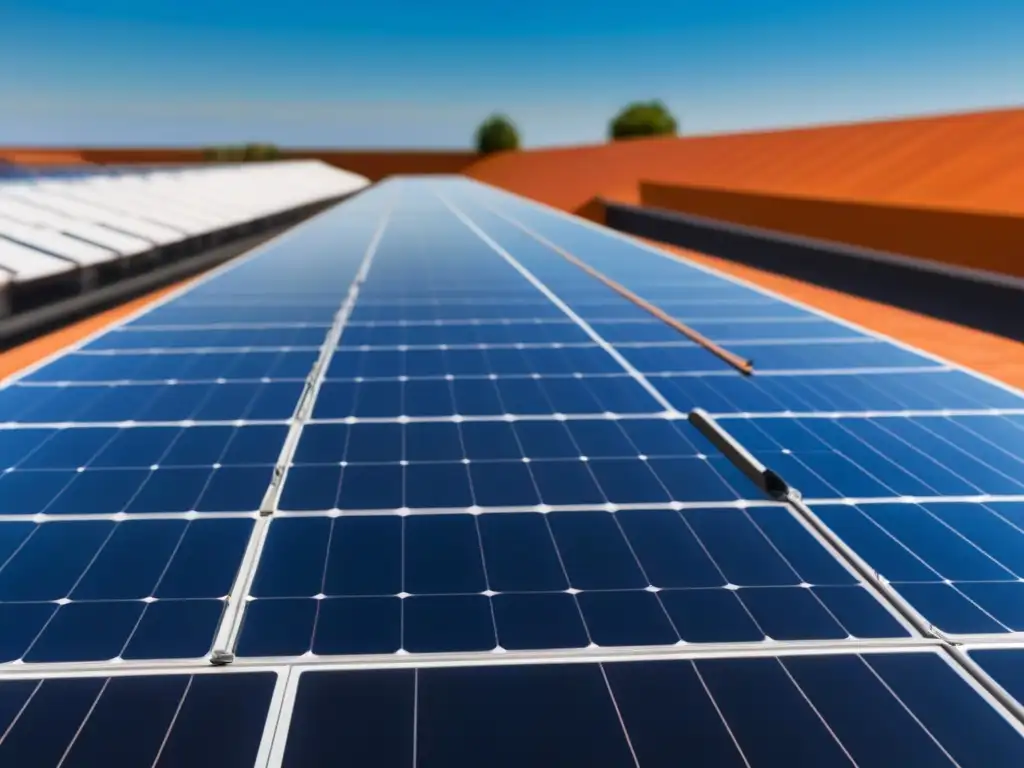 Instalación de paneles solares en un techo, reflejando el sol en un cielo azul