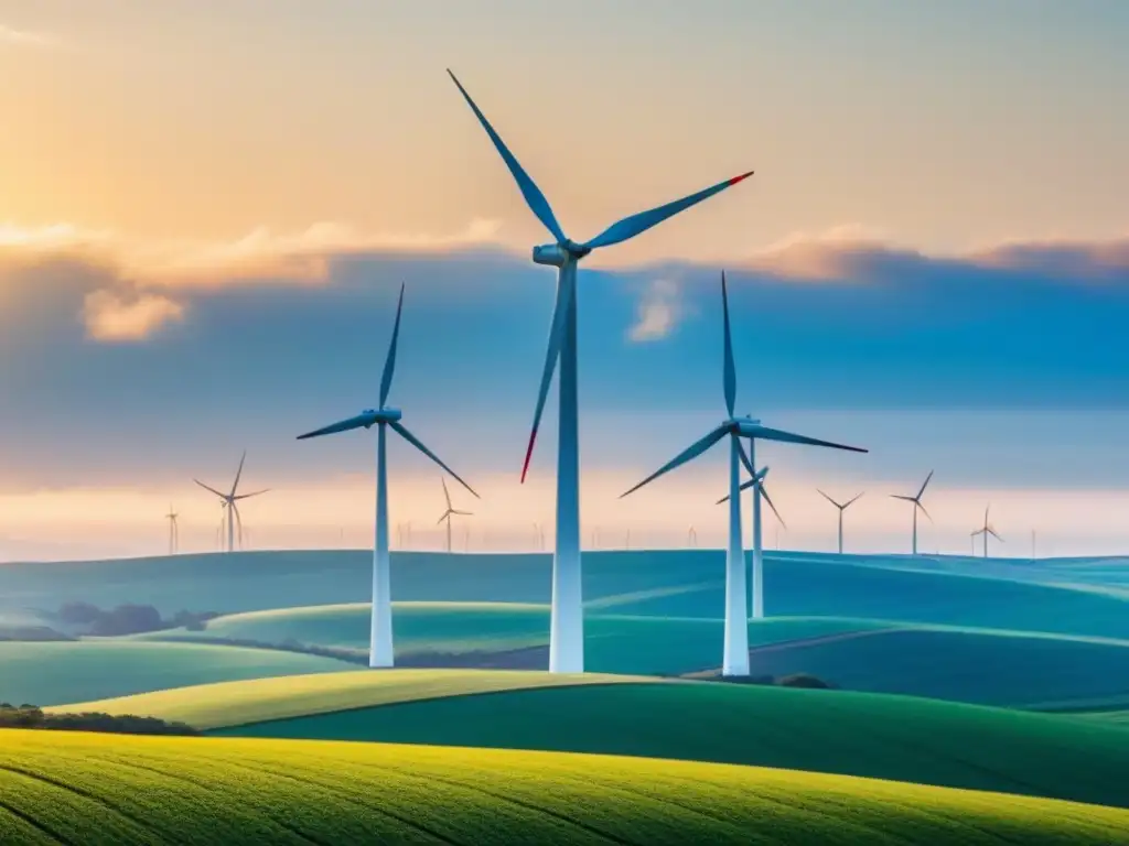 Instalación de turbina eólica moderna en campo verde, girando bajo cielo azul y sol dorado, transmitiendo energía renovable