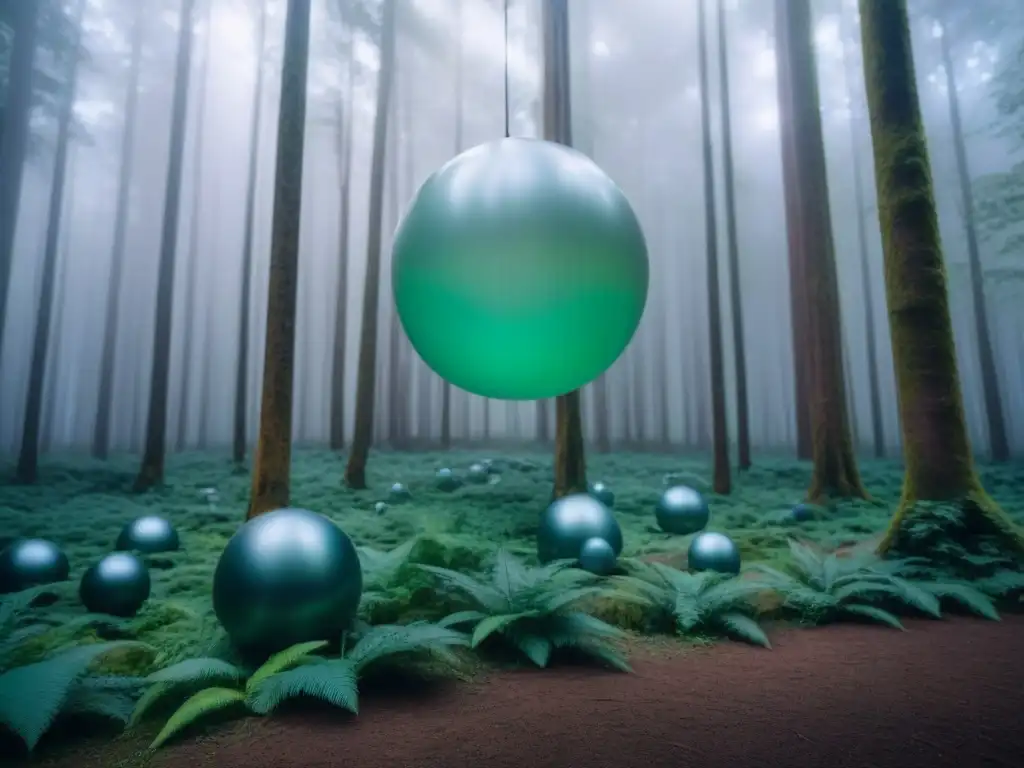 Instalaciones artísticas sostenibles impacto ambiental: Orbes flotantes en bosque, reflejando luz solar entre árboles