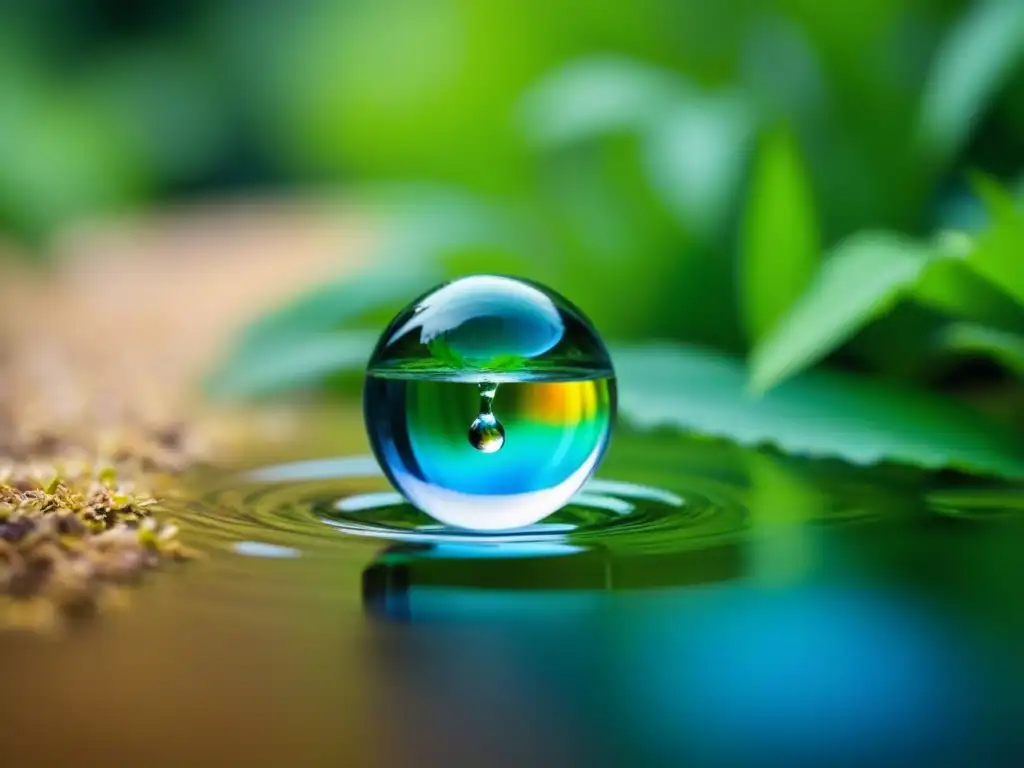 Un instante de armonía: una gota de agua suspendida en el aire, reflejando luz y colores sobre un telón de exuberante vegetación