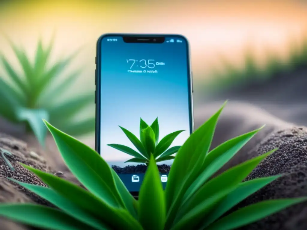 Integración de naturaleza y tecnología: smartphone con planta verde emergiendo, simbolizando Apps para menús sostenibles