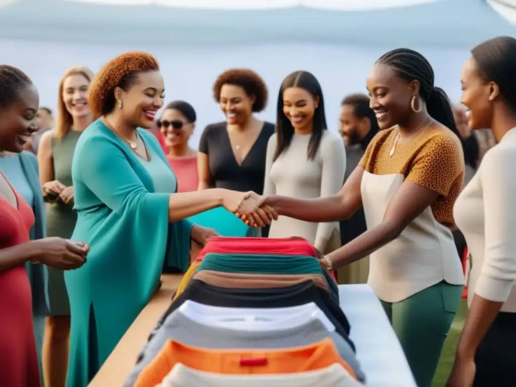 Un intercambio de ropa sostenible entre personas diversas, mostrando prendas de colores vibrantes y texturas variadas