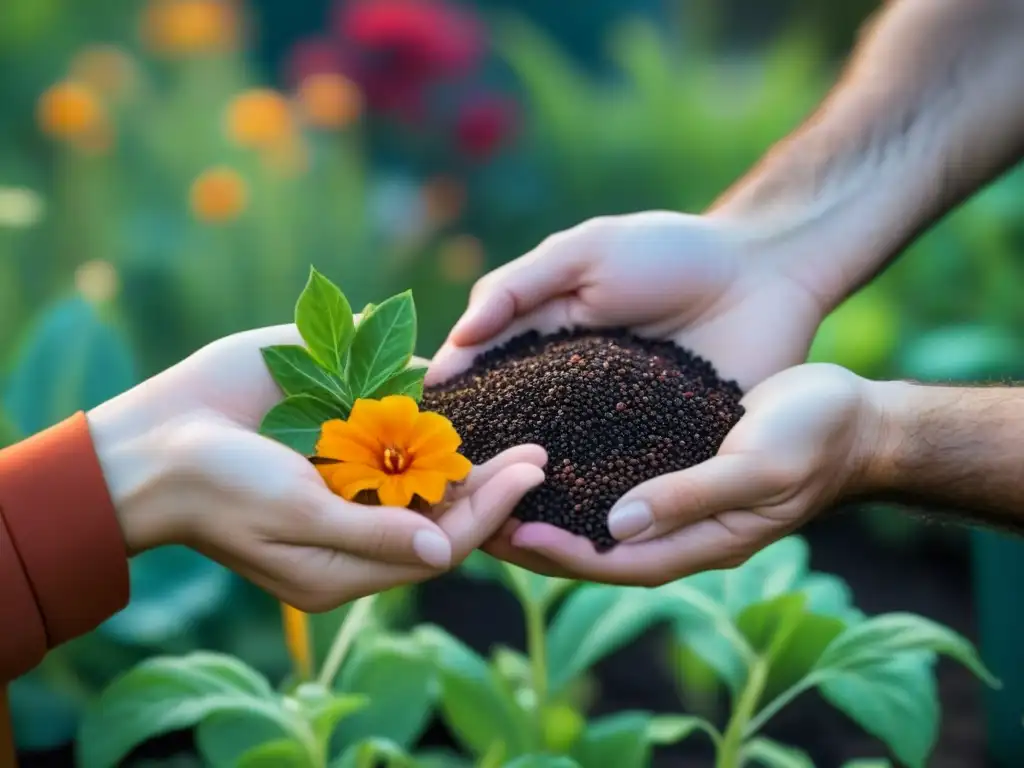 Intercambio de semillas en un jardín comunitario lleno de diversidad y color