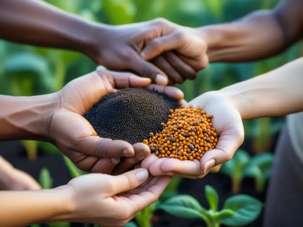 Intercambio de semillas en jardines comunitarios: manos diversas intercambian semillas, simbolizando unidad y diversidad en la jardinería sostenible