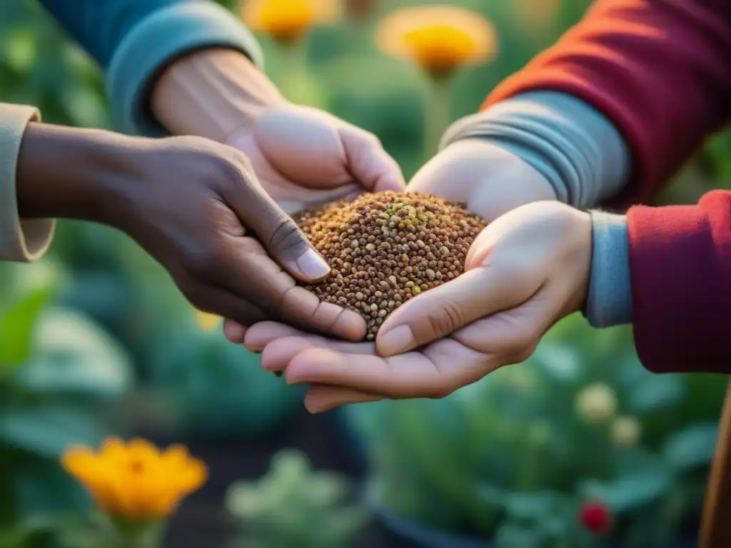 Intercambio de semillas en jardines comunitarios: Un delicado intercambio de semillas entre manos en un vibrante jardín comunitario