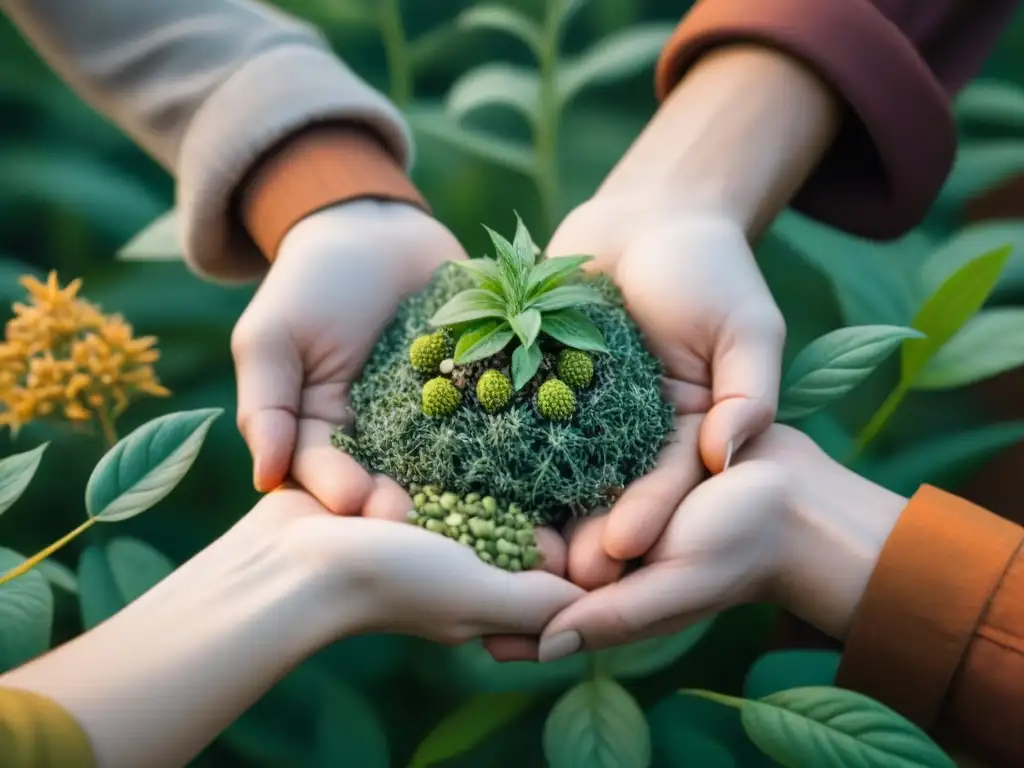 Un intercambio de semillas entre manos diversas en un entorno de verdor, simbolizando la unión en jardines comunitarios