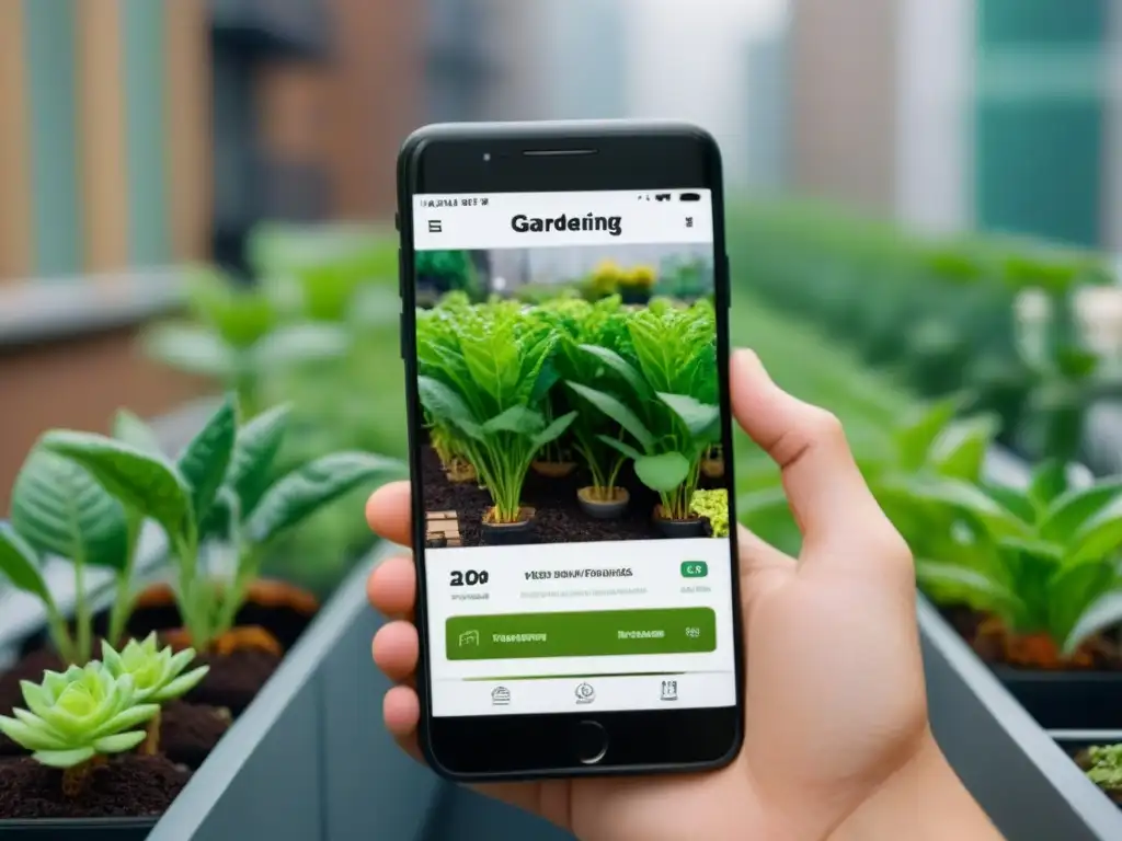 Interfaz de app para agricultura urbana sostenible en smartphone moderno y elegante en balcón chic