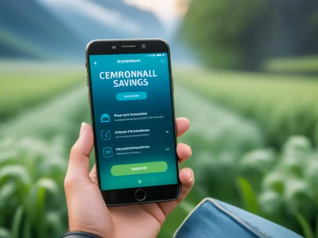 Interfaz de app de ahorro ecológico con tonos verdes y azules, ideal para metas sostenibles