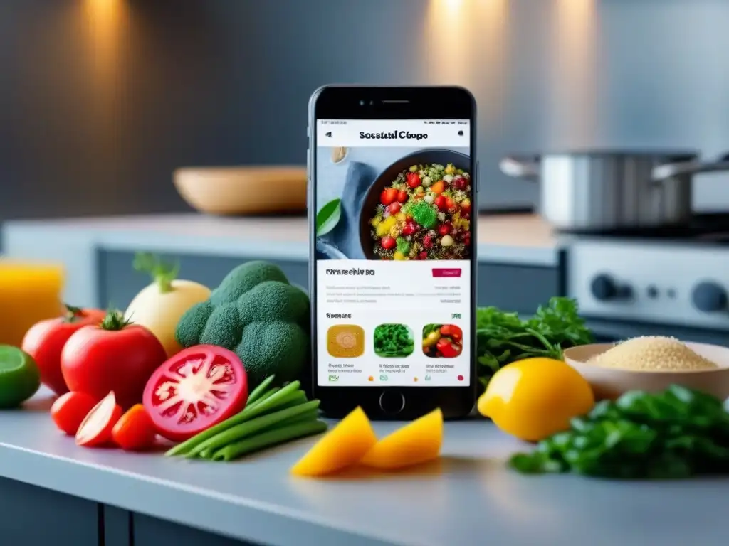 Interfaz de app de cocina sostenible en smartphone moderno: recetas coloridas, ingredientes frescos y diseño minimalista