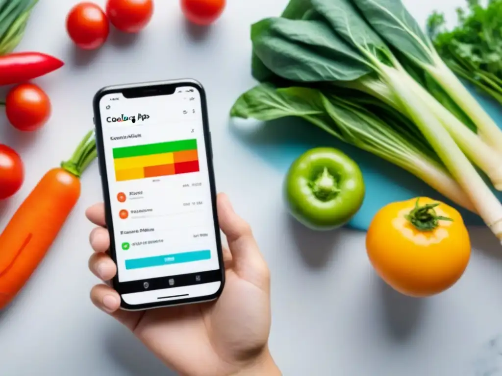 Interfaz de app de cocina sostenible en smartphone con iconos de verduras coloridas y recetas fáciles