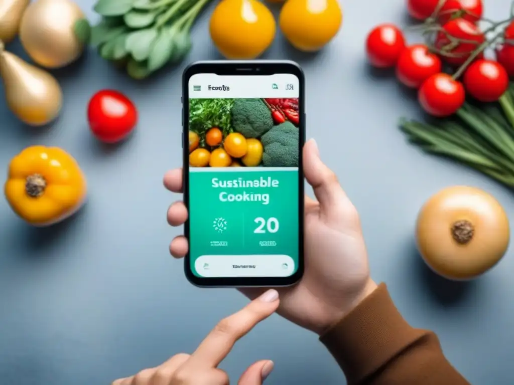 Interfaz de app de cocina sostenible en smartphone: recetas intuitivas, productos frescos y enfoque en reducir desperdicio