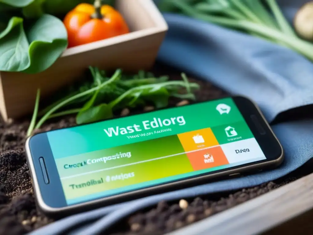 Una interfaz de app de compostaje en smartphone, con gráficos de progreso y consejos