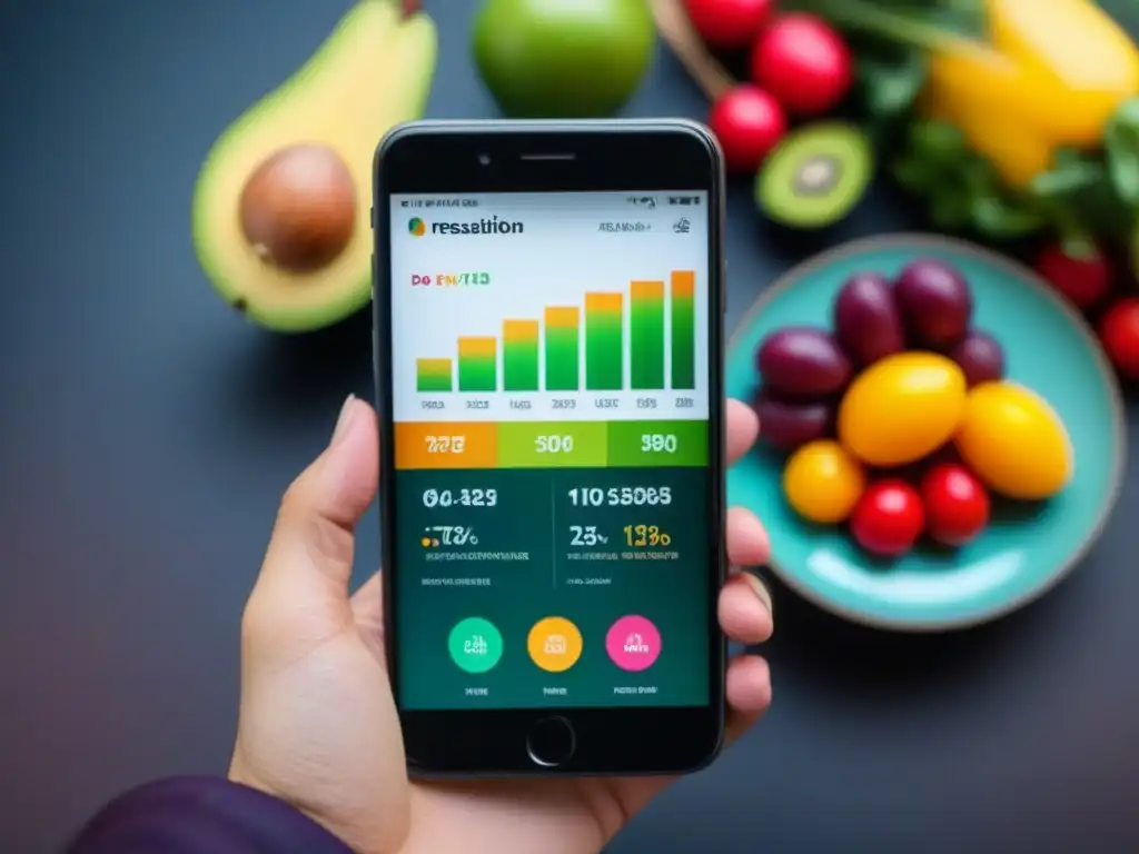 Interfaz de app dieta sostenible eco-friendly en smartphone moderno con gráficos coloridos y minimalista