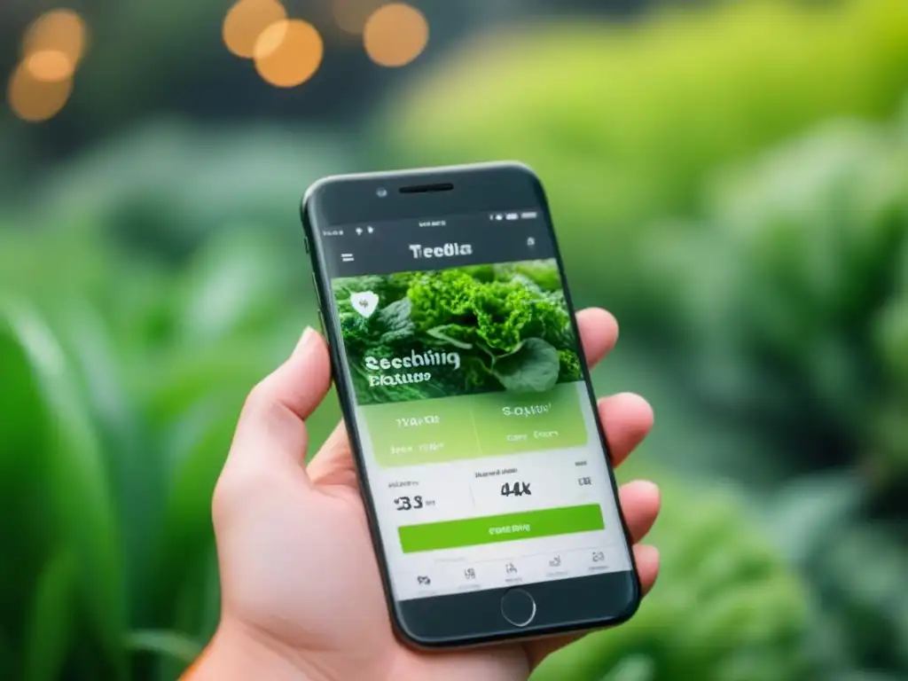 Interfaz de app dieta sostenible eco-friendly en smartphone moderno en jardín verde