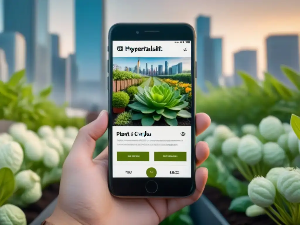 Interfaz de app para huerto urbano sostenible con información detallada, horarios de riego y diseño intuitivo, en ciudad verde y soleada