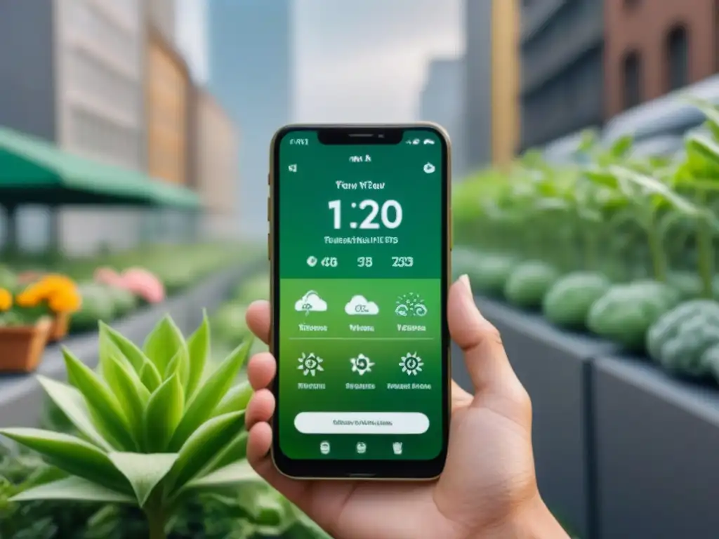 Interfaz de app para huerto urbano sostenible en smartphone moderno con jardín urbano vibrante y progreso de cultivos