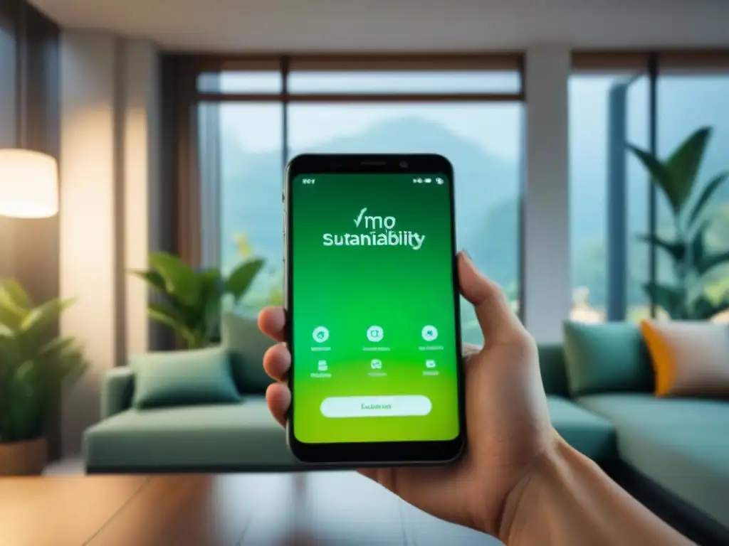 Interfaz ecofriendly de app para vida sostenible en smartphone, con diseño minimalista y tonos verdes en sala moderna