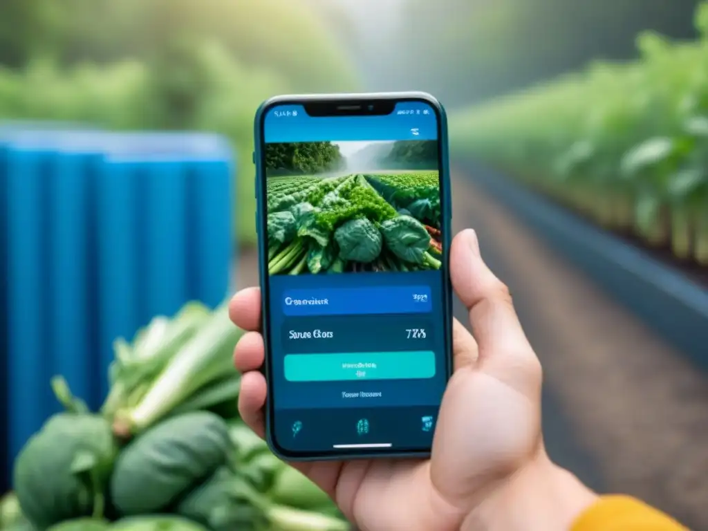 Interfaz futurista de una app para encontrar productos ecológicos, con imágenes vibrantes de la naturaleza y opciones sostenibles