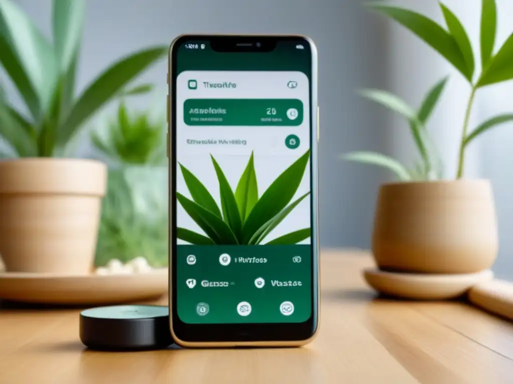 Interfaz de aplicación para vida zero waste en smartphone moderno, con colores terrosos y funciones ecofriendly