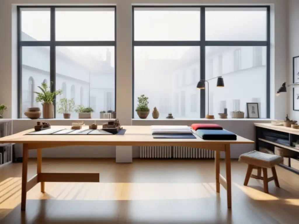 Interior de atelier de moda sostenible con estética minimalista en blanco y negro