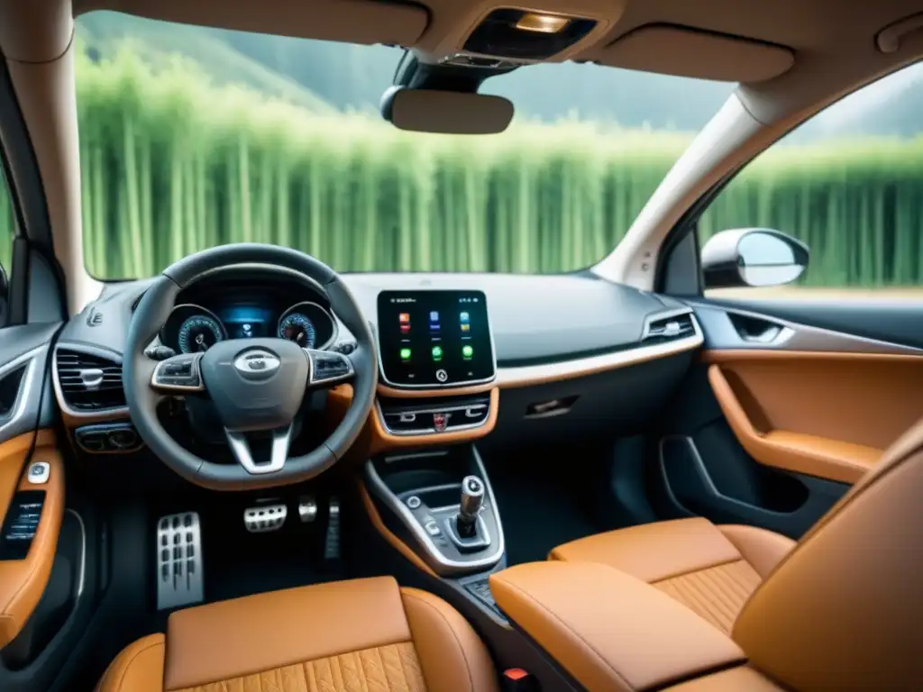 Interior de coche ecológico con accesorios de diseño moderno y materiales sostenibles