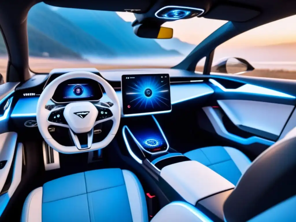 Interior de coche eléctrico moderno con purificador de aire integrado en el salpicadero, emitiendo suave luz azul